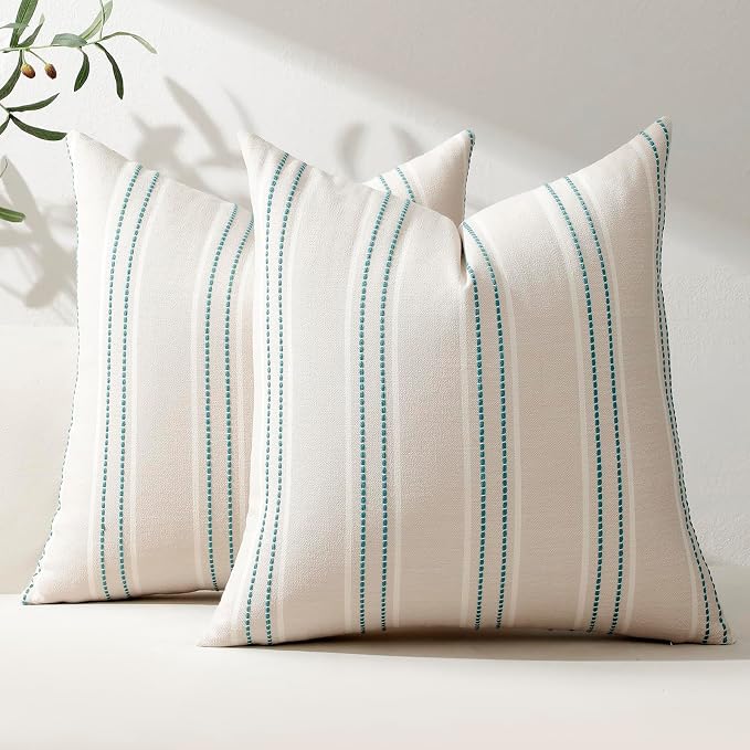 Hckot Stripe Throw Pillow Covers 18x18 Set of 2 Teal Blue Pillow Covers | Farmhouse Decorative Pillows Textured Linen Square Cushion Covers for Sofa Couch Bed Living Room Decor