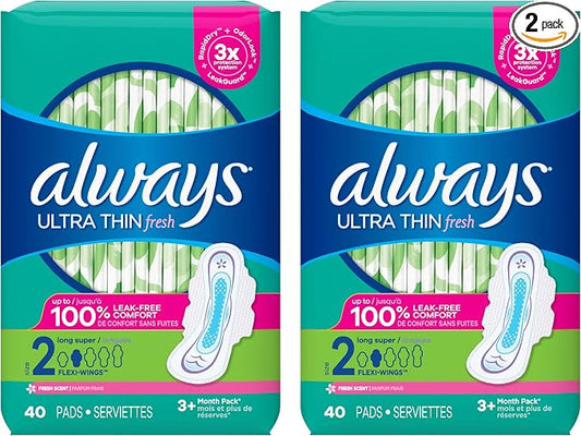 Always Ultra Thin Pads Size 2 Super Long Absorbency Scented with Wings, 40 Count, Packaging may vary
