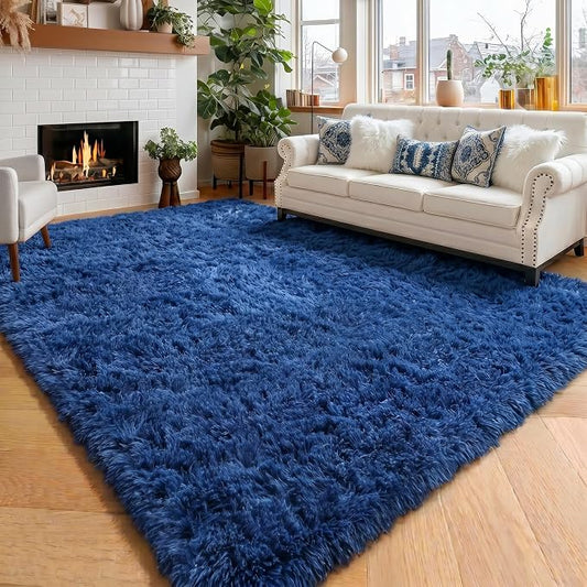Amdrebio Navy Blue Area Rugs for Boys Bedroom, Fluffy Shag Furry Bedside Rug for Kids Room, Living Room Decor Aesthetic, Cute Throw Royal Dark Blue Carpet for Baby Nursery Office Dorm Playroom, 4x6
