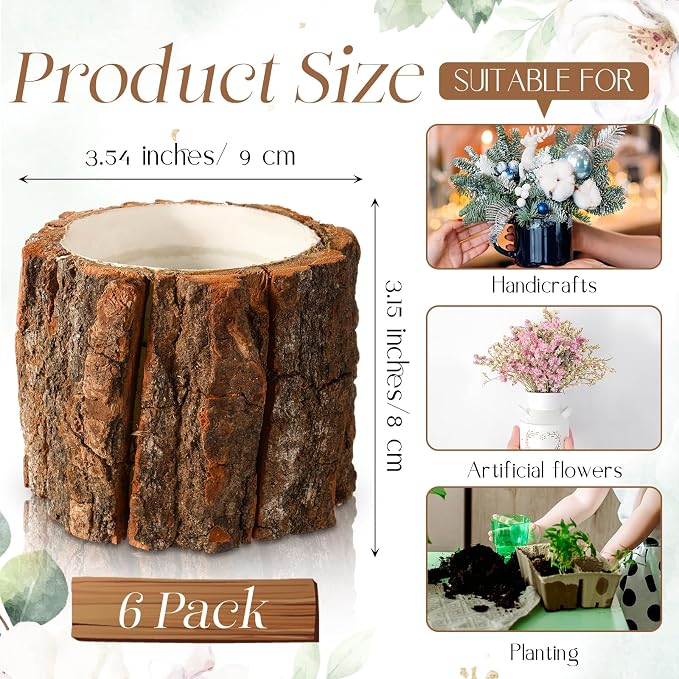 6 Pcs Wooden Vase for Centerpieces Wedding Flower Table Centerpieces Woodland Party Decor Rustic Farmhouse Bark Stump Buckets Vintage Planter Pots for Garden Baby Shower Window Home (Small)