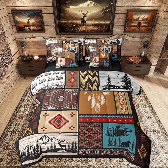 Feelyou Rustic Bear Comforter Set with Sheets 7 Piece Twin Size Farmhouse Cabin Hunting Deer Bedding Set for Kids Boys Girls Retro Bohemian Bed in a Bag Buffalo Plaid Room Decor Soft Microfiber