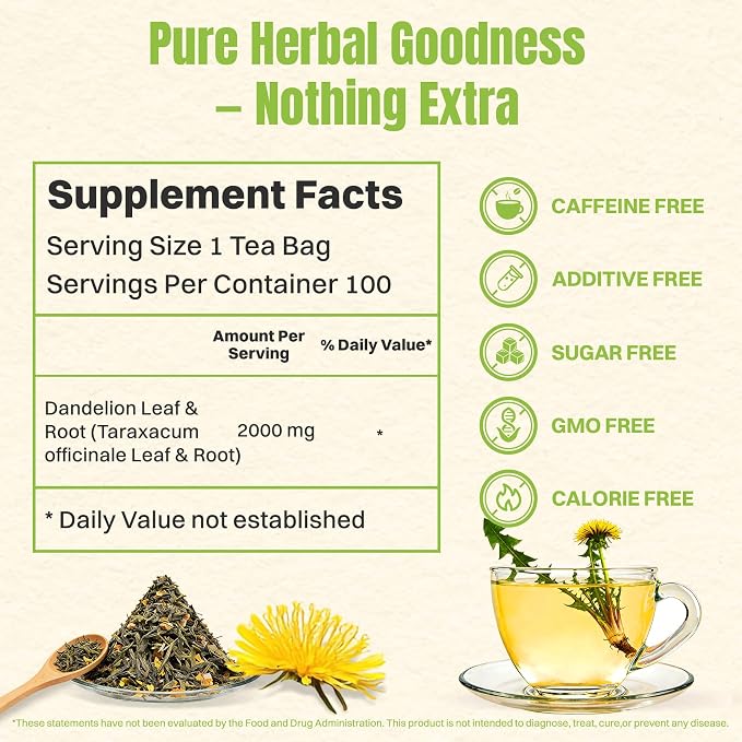 Hiihone Dandelion Root & Leaf Tea Bags 100 Count – Caffeine-Free Dandelion Herbal Tea, Supports Liver Cleanse, Detox & Digestion, Roasted Dandelion Root Tea, Natural Non-GMO