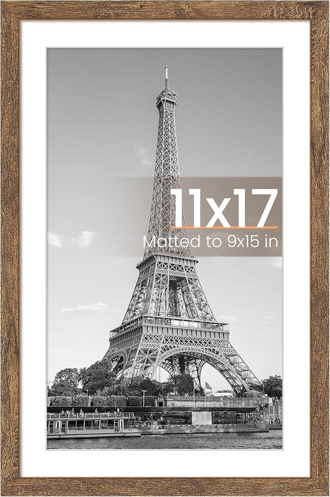 upsimples 11x17 Picture Frame, Display Pictures 9x15 with Mat or 11 x 17 Without, Wall Hanging Poster Frames, Rustic Brown, 1 Pack