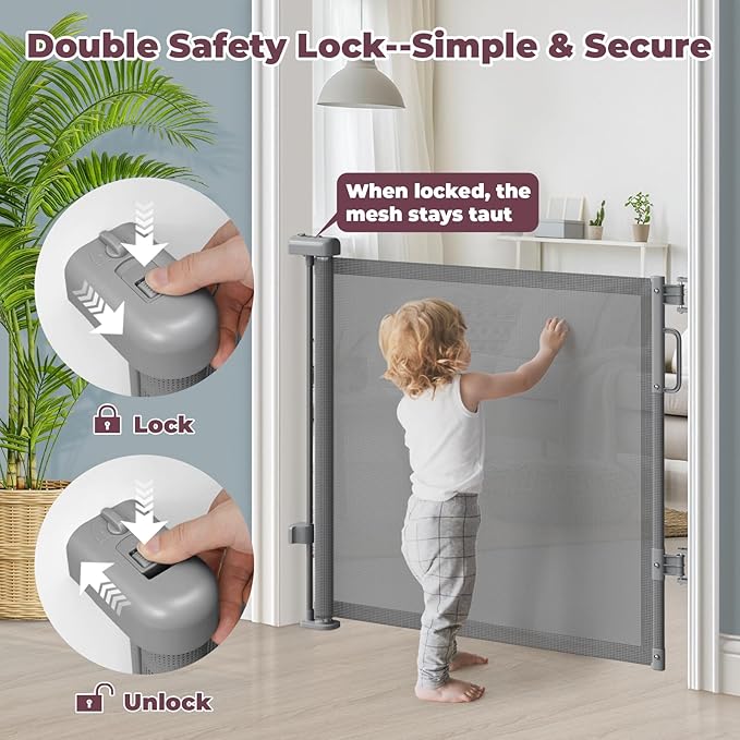 Retractable Baby Gate for Stairs & Doorways, Mesh Dog Gate Indoor Outdoor, Extends to 55" Wide 34" Tall Child Gate for Hallways, Deck, Porch, Pet Toddler Safety Essentials, Easy Install, Grey
