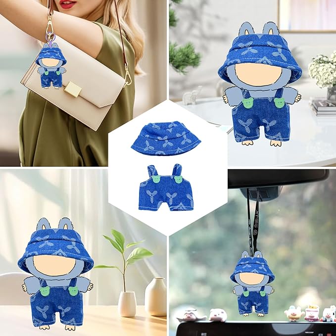 17cm Doll Clothes Set, Hat & Overalls Clothes 2-Piece Set for 15/17cm Dolls, Stylish Adorable Dolls Clothes Accessories, Cute Clothe Outfits for Doll (2-Piece Blue)