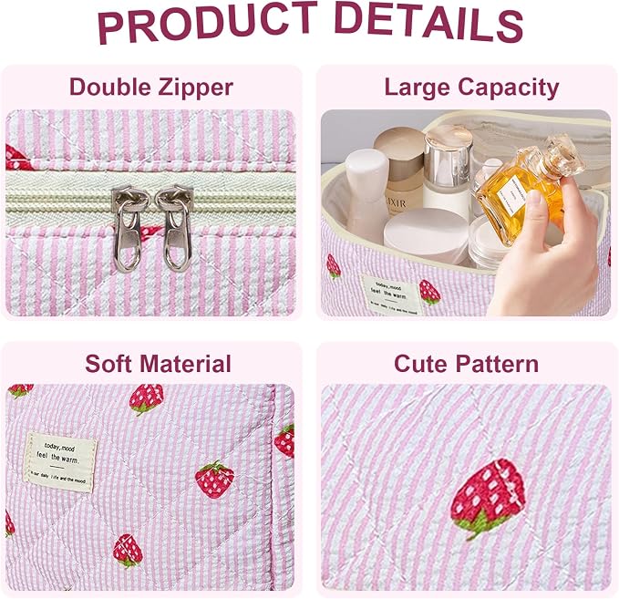 GISMTR 3Pcs Makeup Bag Cotton Quilted Travel Cosmetic Bag Cute Floral Makeup Pouch Large Toiletry Bag for Women Girls