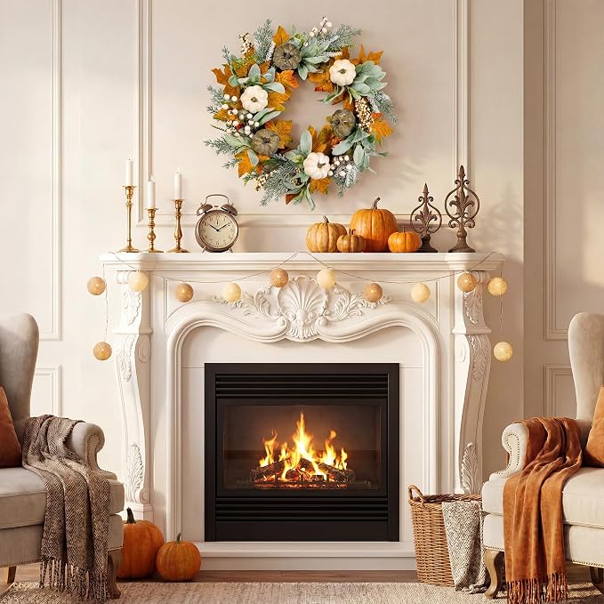 20" Fall Wreath Front Door Pumpkin Lambs Ear Maple Leaf Artificial Wall Decor Farmhouse Autumn Wreath Thanksgiving Home Porch Outdoor Indoor Holiday Harvest Decor