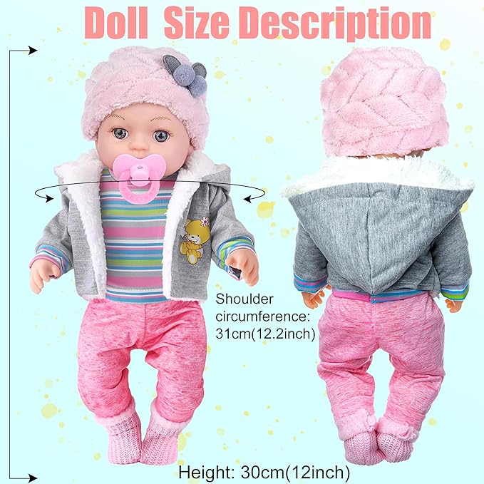 12 Inch Baby Doll - 12" Lifelike Baby Doll with 3-Piece Outfits, 4 Accessories & Feeding Playset - Realistic Rosy Cheeks & Blue Eyes, for Kids