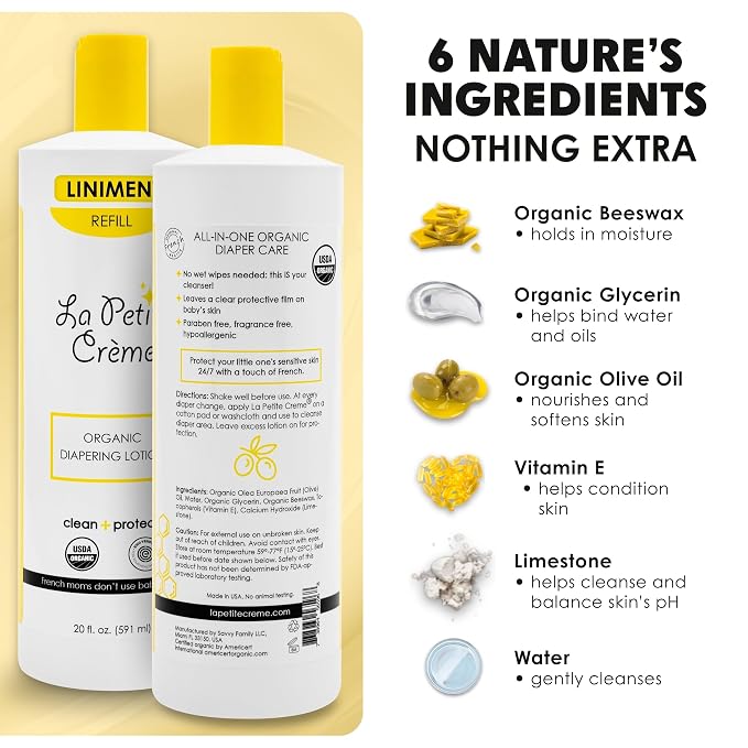 La Petite Creme French Premium Diapering Lotion - Diaper Cream Alternative to Baby Wipes - Moisturizer & Skin Cleanser - USDA Certified Organic Ingredients - Baby Essentials (2 Bottles of 20 oz)