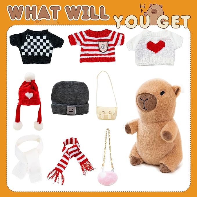 Capybara Plush with 10 Pcs Clothes & Accessories,Christmas Stuffed Animals, 10.2 in Cute Capybara Plush Toys,Birthday Gifts&Dress Up Cute Plushies for Boys/Girls (Daily-D)