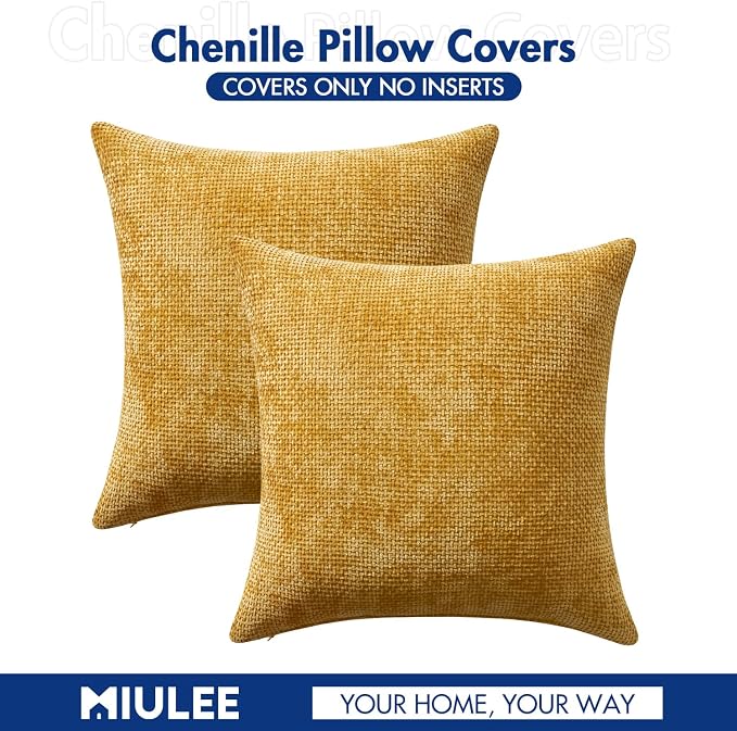 MIULEE Decorative Couch Throw Pillow Covers 16x16 in Mustard Yellow 2 Pack | Modern Boho Accent, Soft Chenille Pillow Covers, Farmhouse Cushion Cases for Home Decor Bed Sofa Living Room