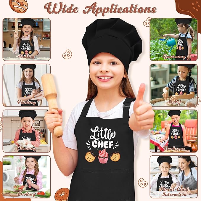 R HORSE Kid Apron and Chef Hat Set - 2Pcs Black Little Chef Adjustable Children Kitchen Toddler Apron with Pockets for Kids, Funny Dress up Pretend Play Toy Birthday Gift for Cooking Baking Painting