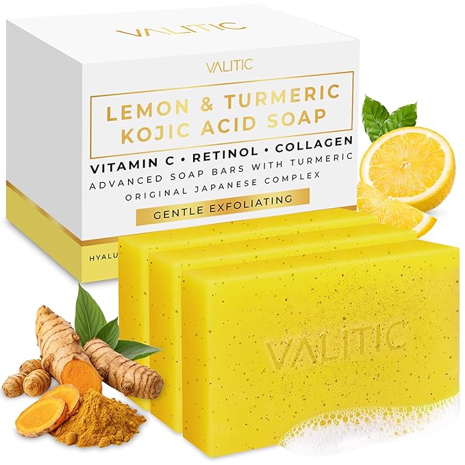 VALITIC Lemon Turmeric Soap for Dark Spots - Kojic Acid Soap for Face and Body - Exfoliating Bar for Brightening, Skin Tone Corrector with Retinol, Vitamin C, Collagen and Hyaluronic Acid - 3 Pack