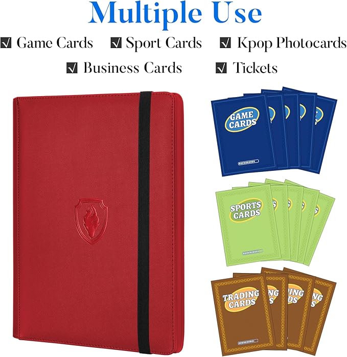 Premium 9 Pocket Card Binder for 360 Cards, Fabmaker PU Cover Trading Card Binder, Sturdy Card Collection Album, Sleek Card Holder Folders for Game Cards & Sports Cards, Red