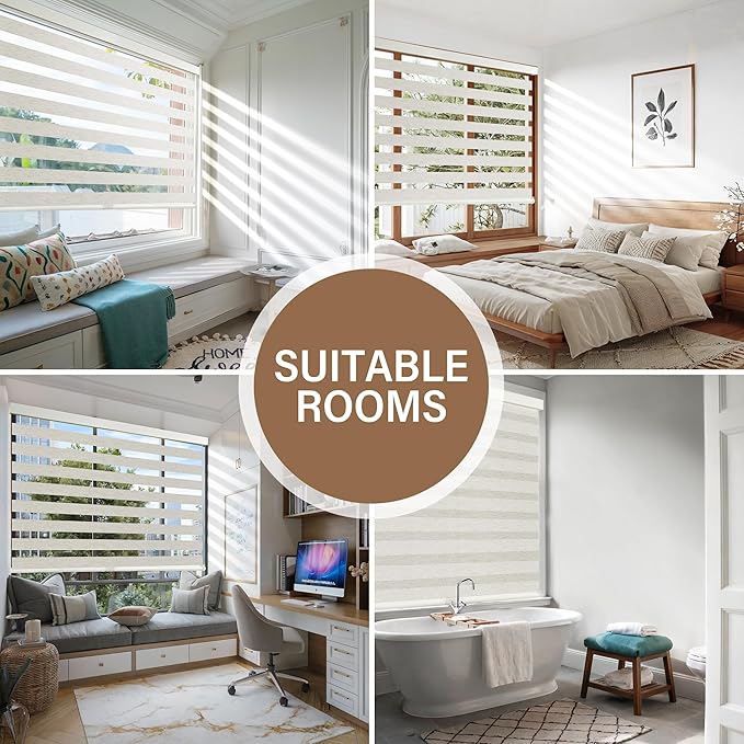AOSKY Cordless Zebra Blinds for Windows Pull Down Roller Window Shades Dual Layer Light Filtering Privacy for Day and Night, Free-Stop Door Shades for Home Easy to Install Linen Cream 25" W X 72" H