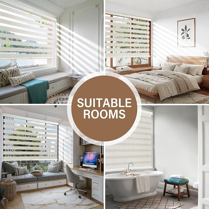 AOSKY Cordless Zebra Blinds for Windows Pull Down Roller Window Shades Dual Layer Light Filtering Privacy for Day and Night, Free-Stop Door Shades for Home Easy to Install Linen Cream 24" W X 72" H