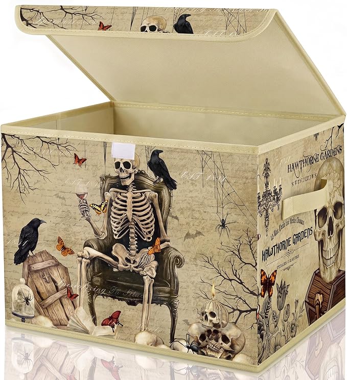 Briwooody Halloween Storage Bin with Lid and Carrying Handle Halloween Gothic Skull Foldable Storage Box Large Vintage Skeleton Decorative Collapsible Container Basket for Closet Home Bedroom Gift