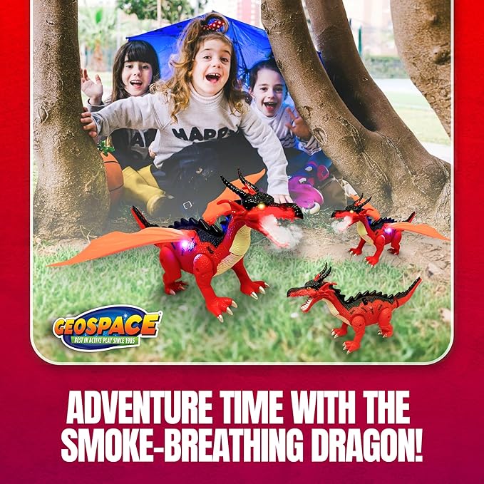 Geospace New Dragon Walking Dinosaur Toy – Smoke Breathing Fire Dragon Toy for Kids 3 & up, Walking Dinosaur Toys with Lights, Roaring Sound, Dragons Action Figure, Dragons for Gift (Luna)