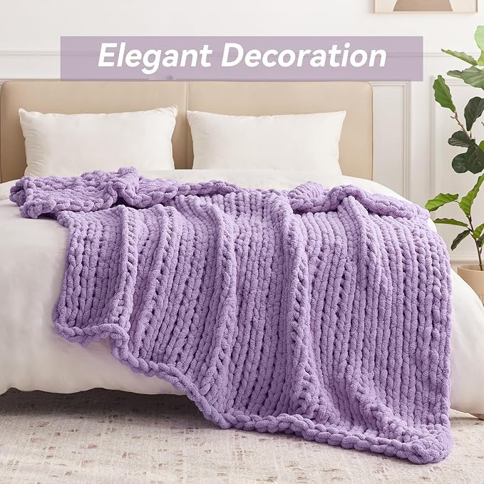 Negwoo Chunky Knit Throw Blanket, Knitted Throw Chenille Yarn, 60"*80" | Soft Thick Cable Knitted Blankets, Handmade Big Thick Blanket,Machine Washable Cute Comfy Blanket for Home Decor,Light purple
