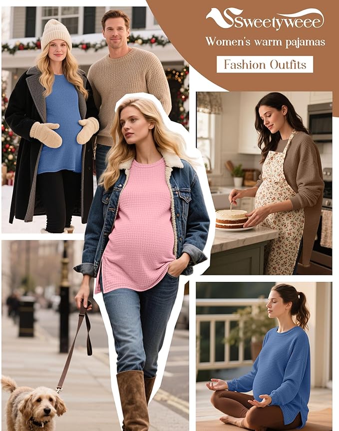 3 Pack Women's Maternity Shirts Long Sleeve Waffle Knit Side Split Oversized Tops Pregnancy Clothes Fall Tees