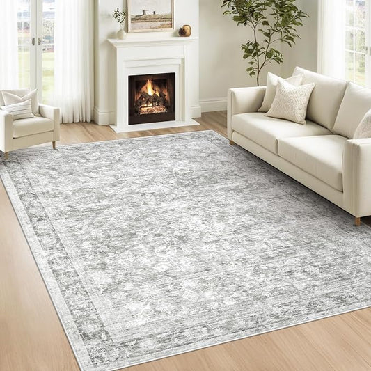 6x9 Area Rugs for Living Room: Washable Vintage Floral Rug Low Pile Non-Slip Boho Carpet for Bedroom Nursery Dining Room (Grey, 6'x9')