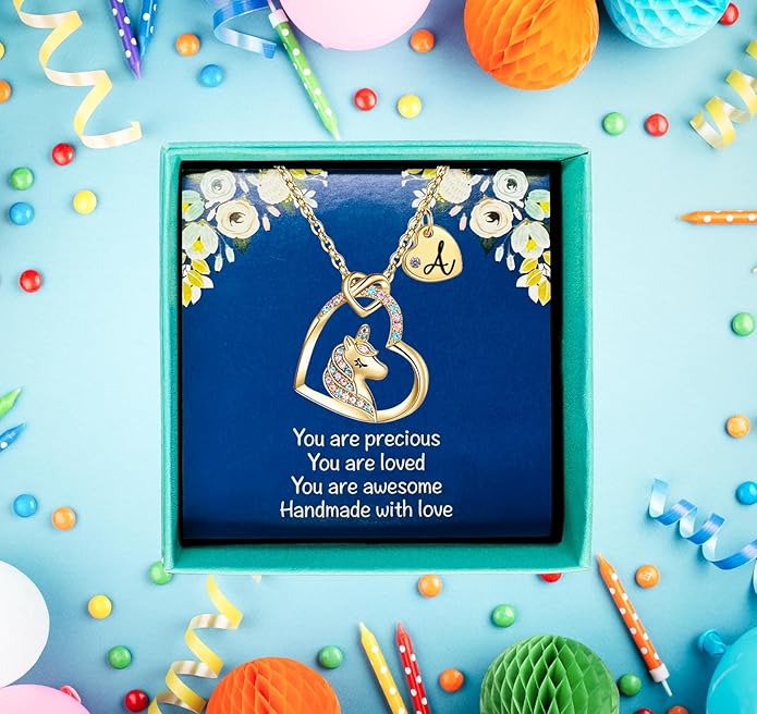 Valentines Day Gifts for Kids Girls - Unicorn Necklace for Girls with Initial Heart Pendant & Gift Box, 18K Gold Fashion Kids Jewelry, Colorful Heart Necklace for Birthdays & Costume Parties.