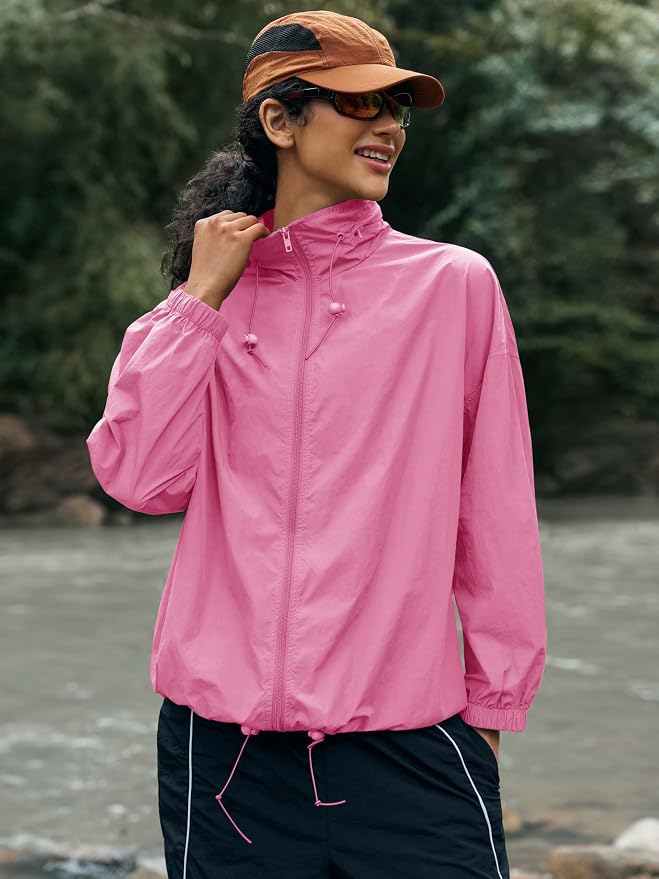 Yousify Womens Waterproof Rain Jackets Lightweight Zip Up Raincoat Outdoor Hiking Hooded Windbreaker with Pocket