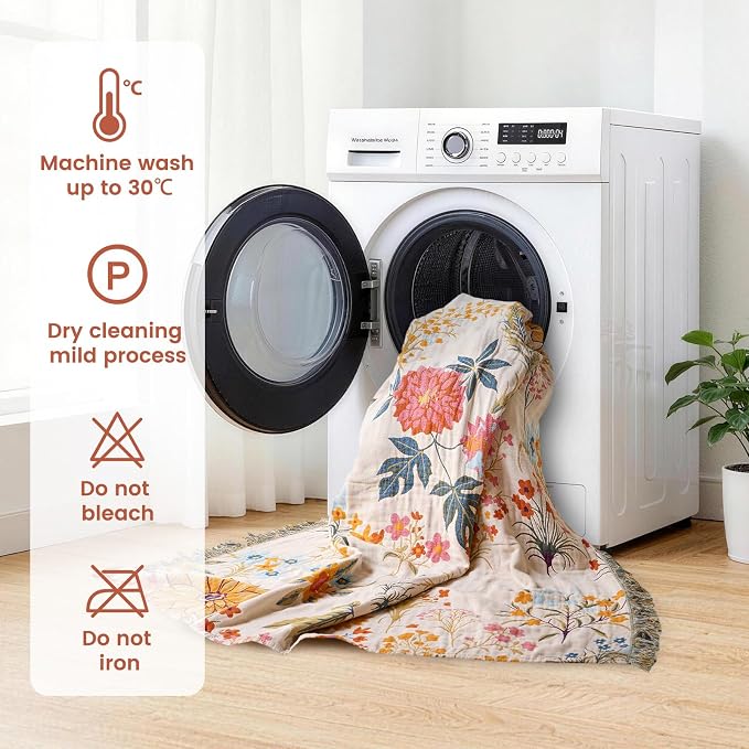 MSGKV Boho Throw Blanket 60"x80" Cotton Floral Twin Blanket for Couch Bed | 100% Cotton Muslin, Twin Size Throw Blanket, Floral Farmhouse Decor, Soft & Breathable, Lightweight Comfort, Machine Washable