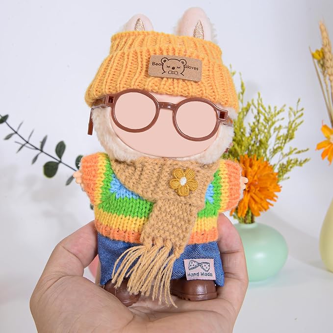 Knit 17cm Doll Clothes Accessories Set Include: 1 Hat, 1 Sweater, 1 Pants, 1 Scarf, 1 Glasses and 1 Shoes for Dress up Your Dolls (Doll Not Included), Knit #1
