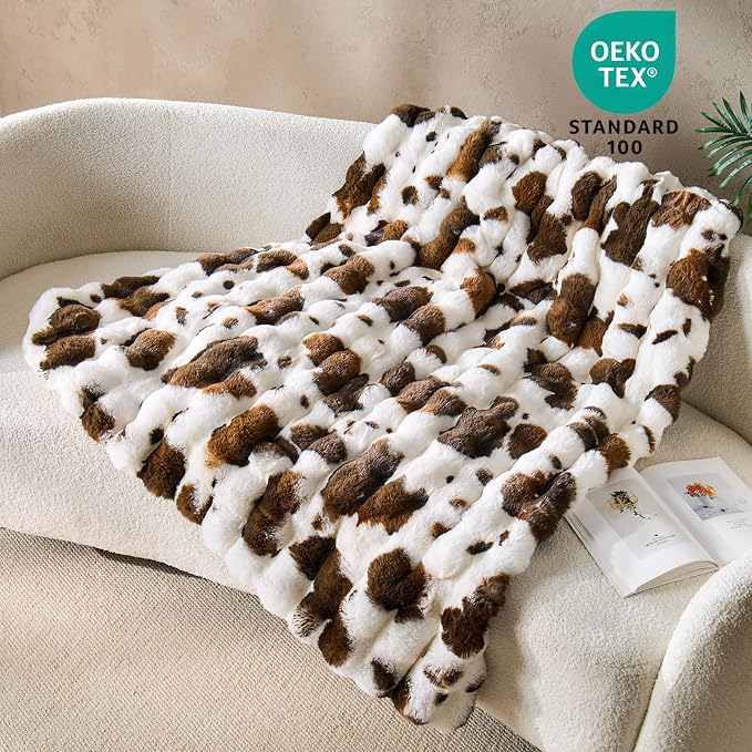 DOWNCOOL Large Faux Rabbit Fur Throw Blanket, Soft Fluffy Fuzzy Plush Bubble Blanket for Couch Sofa & Bed, Cozy Warm Luxury Fleece Minky Blanket, 90x90 Inches Cow Print-Brown