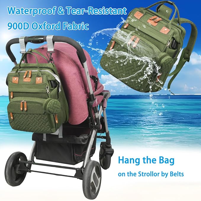 Jeryswet Baby Diaper Bags with Changing Station, Waterproof Large Capacity Diaper Bag Backpack for Moms Dads with USB Charging Port and Stroller Straps, Baby Shower Gifts, Green