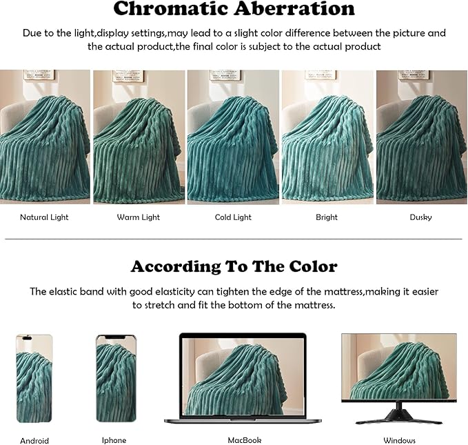NEWCOSPLAY Super Soft King Blanket Light Teal Premium Silky Flannel Fleece 3D Ribbed Jacquard Lightweight Bed Blanket All Season Use (Light Teal Ribbed, King(90"x110"))