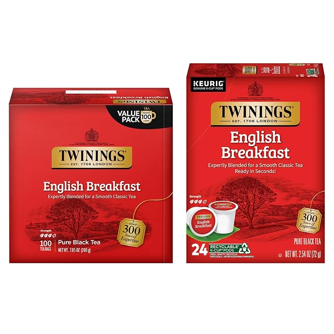 Twinings English Breakfast Tea K-Cup Pods, 24 Count (Pack of 1) + English Breakfast Tea Bags, 100 Count (Pack of 1)