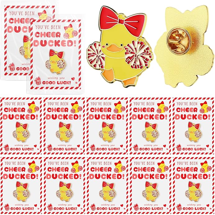 Quelay 24 Pack Cheer Team Gifts Bulk Cheerleader Duck Pins Brooches You've Been Cheer Ducked Tags Team Inspirational Gift Accessories for Teammates