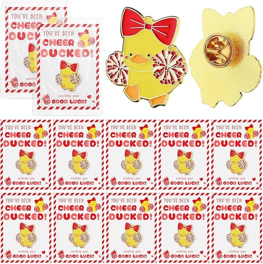 Quelay 24 Pack Cheer Team Gifts Bulk Cheerleader Duck Pins Brooches You've Been Cheer Ducked Tags Team Inspirational Gift Accessories for Teammates