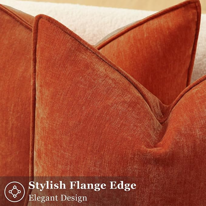 decorUhome Chenille Rust Velvet Throw Pillow Covers 22x22 Set of 2 | Fall Soft Euro Sham Couch Decorative Modern Farmhouse Pillow Cases with Elegant Design for Sofa Bed Living Room Home Decor