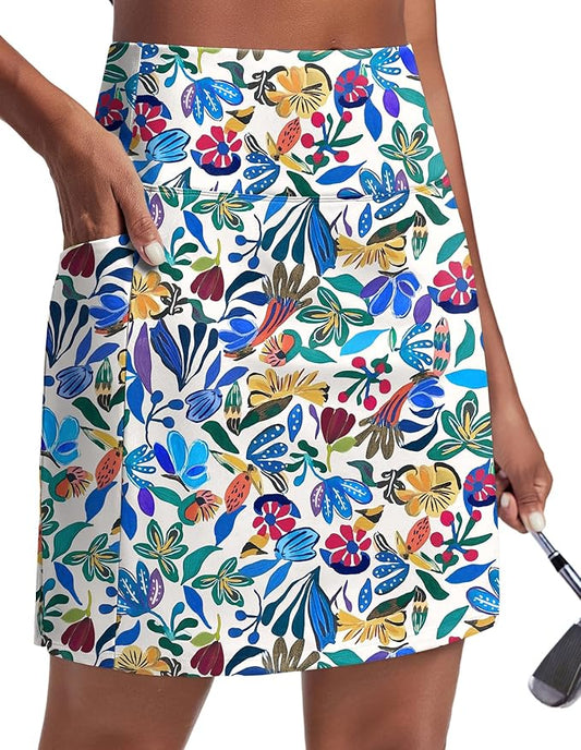 PINSPARK 19" Knee Length Skorts for Woman with Pockets UPF 50+ Golf Skirts | 4 Pockets, Built-in Shorts, High Waisted & Tummy Control, Moisture-wicking for Golf Athletic Tennis Workout Casual