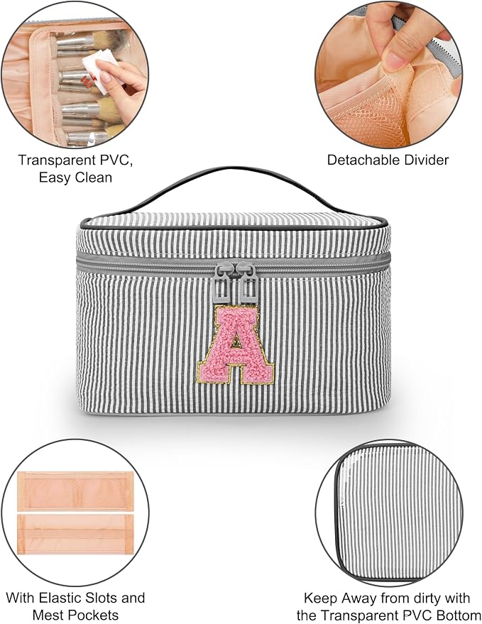 MONSTINA Personalized Initial Makeup Bag| Toiletry Bag for Girls&Women,Make Up Case for Girlfriend Bridesmaid Wife,Birthday Gift for Her Cute,2PCS,Black C