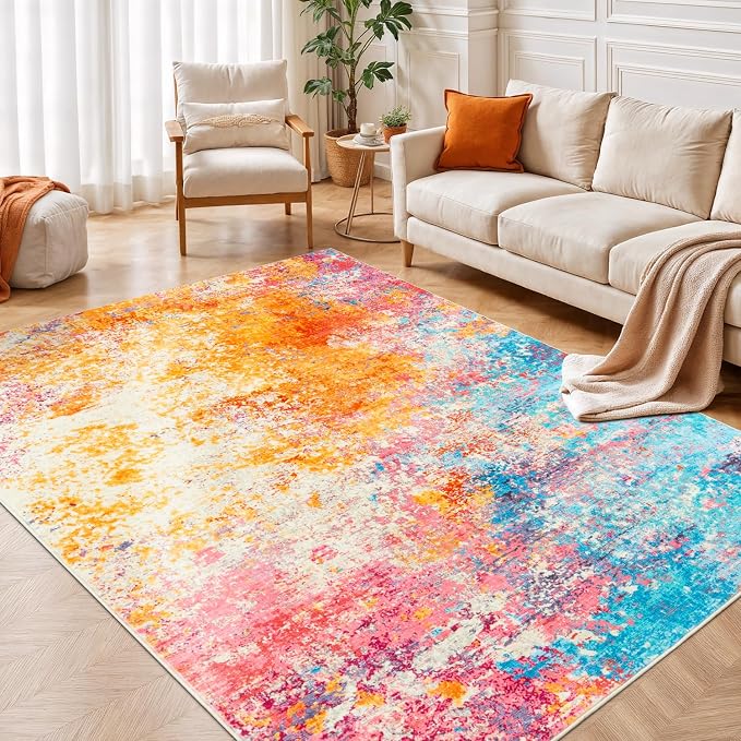 Rugflix 5x7 Area Rugs for Living Room, Washable Colorful Rainbow Large Rug | Machine Washable; Stain-Resistant; Low Pile; Non-Slip; Modern Abstract; Multi-colors Carpet for Nursery Girls Bedroom Home