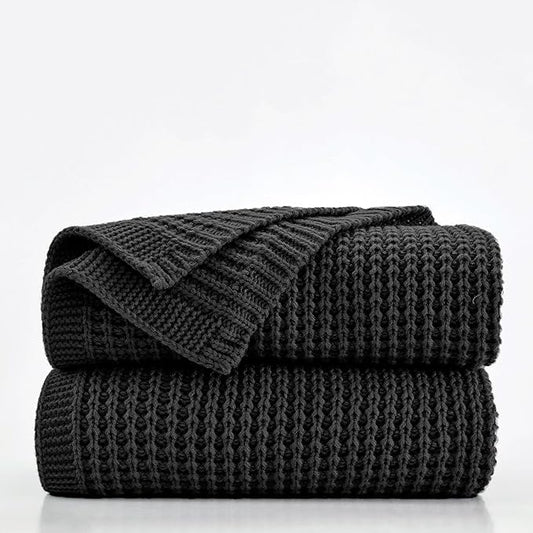 Douceur Black Throw Blanket for Couch, Soft Chunky Cable Knit Throw Blanket, Classic Fisherman's Rib Stitch Pattern Throw for Living Room Gift, 50"X60"