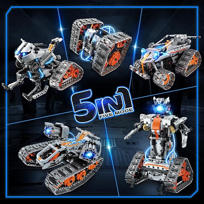 5-in-1 Building Toys with LED Light, APP & Remote Controll Building Block Set, 604 PCS RC Tech Rechargeable Tank Robot Sleigh Tracked Racer Toy, Gift for Kids Boys Girls Ages 6 7 8 9 10 11 12+