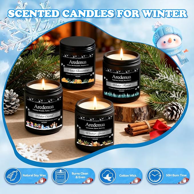 Winter Candles Set – 4 Pack Holiday Scented Candles, 28oz Soy Candle for Home Scented, Cozy Scents of Winter Carol/Spice/Clementine/Forest - Holiday Candle Gifts for Women Men