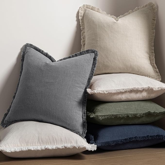 MIULEE Boho Linen Fringe Decorative Throw Pillow Covers Grey 20x20 | Set of 2, Cottagecore Decor, Boho Farmhouse Neutral Pillow Covers, Rustic Couch Cushion Cases for Sofa Bed Living Room
