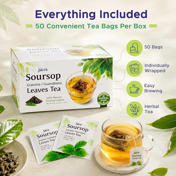 Jans Soursop Tea Bags 50 Count (2 Pack of 25) | 100% Natural Soursop Leaves | Caffeine Free Sour Sop Tea | Vegan Herbal Tea | Individually Wrapped Tea Bags | Cholesterol Free Sugar Free Relaxation Beverage