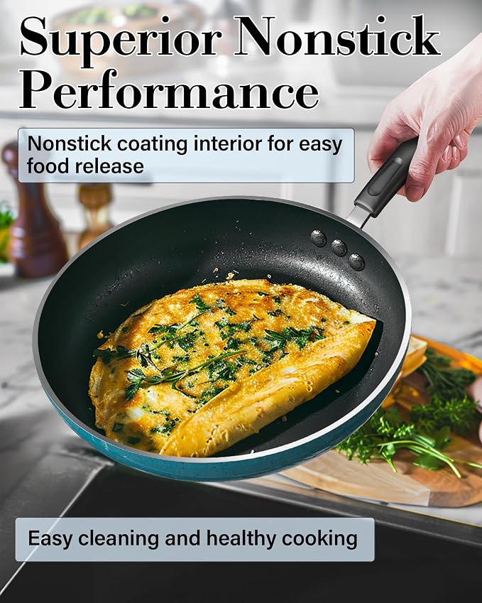 Cook N Home Professional 8/9.5/11 Inch Nonstick Frying Pan Set, Kitchen Cooking Skillets Saute Fry Pan, Induction Compatible, 3-Piece, Turquoise