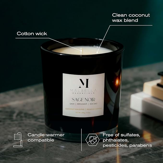 Sage Noire Luxury Scented Candle for Women & Men | 8.5 oz Hand-Poured Coconut Wax Blend | Modern Self-Care Aromatherapy Candle | 50 Hr Burn | Gift-Ready Glossy Glass Vessel