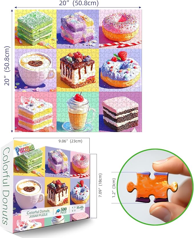 Colorful Desserts Jigsaw Puzzle for Adults 500 Pieces - Vibrant Sweet Treat Art Featuring Layered Jelly Cake, Sprinkle Donut & Fancy Coffee Drink, Fun & Relaxing Family Seniors Puzzle(20x20 Inch)