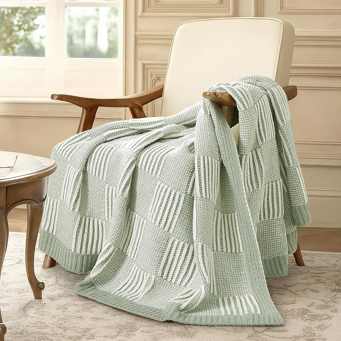 Knit Throw Blanket, Soft Chenille Cozy Breathable Dual Tone Checkered Chunky Decorative Blanket for Couch, Bed & Sofa, French-Inspired Lightweight Warm Gift for Women, Sage Green, 50"x60"