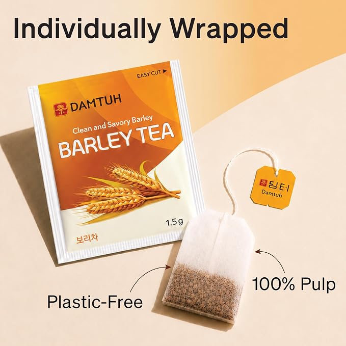Damtuh Korean Roasted Barley Tea Bags, Caffeine-Free, 50 Count | 50 Tea Bags | Boricha | Mugicha | All Natural | Sugar-Free | Vegan | Hot or Iced | Toasted, Nutty Flavor