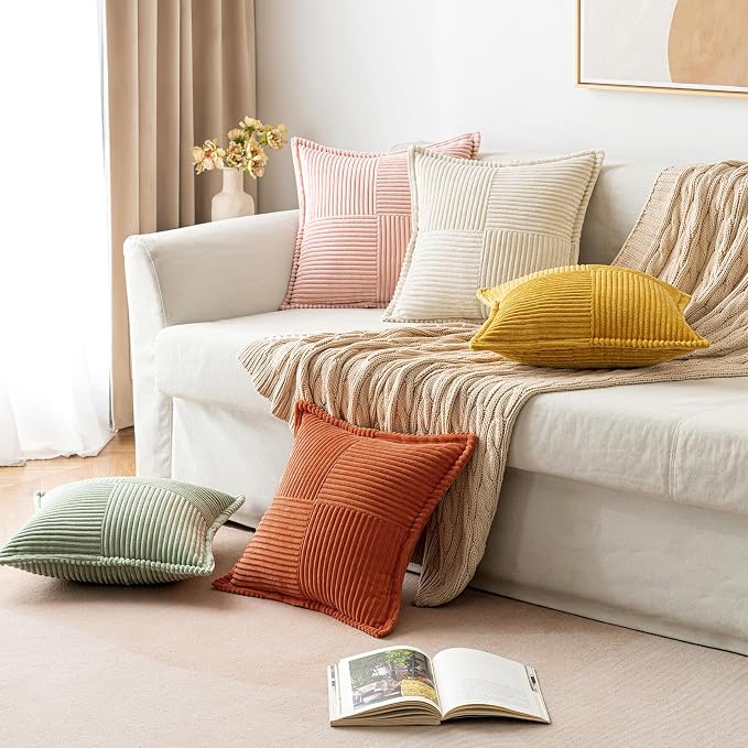 MIULEE Fall Burnt Orange Decorative Throw Pillow Covers for Couch 18x18 in | 2 Pack, Terracotta Boho Broadside Striped Patchwork Pillow Covers, Soft Corduroy Cushion Cases, For Sofa Bed Livingroom